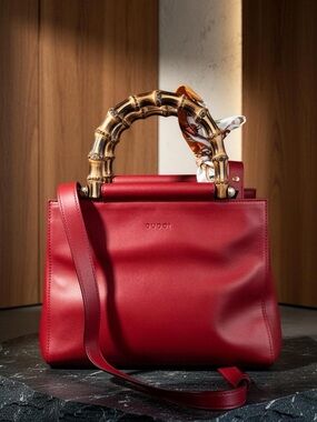 Gucci Red Leather Satchel with Bamboo Handle